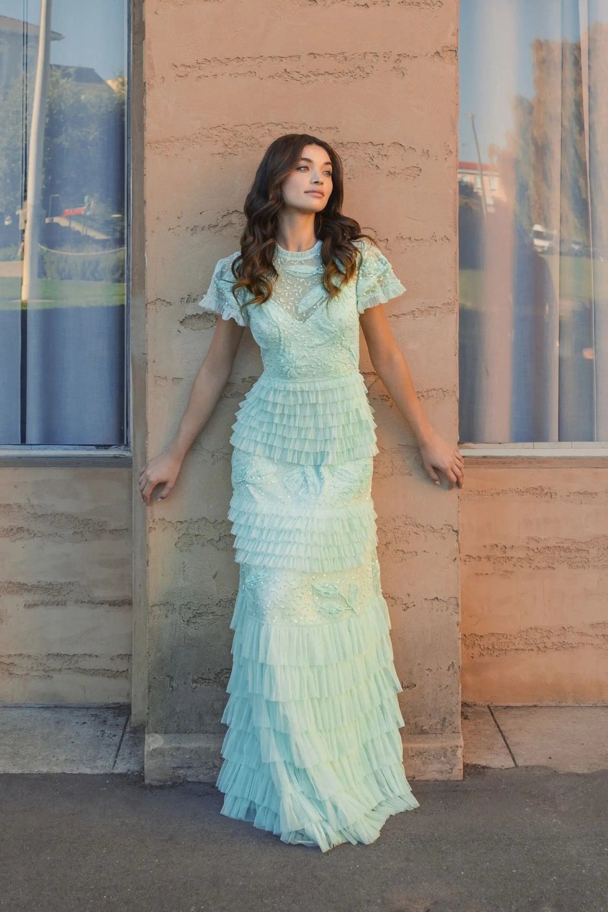 Green Beaded Mesh High Neck Micro Ruffle Gown