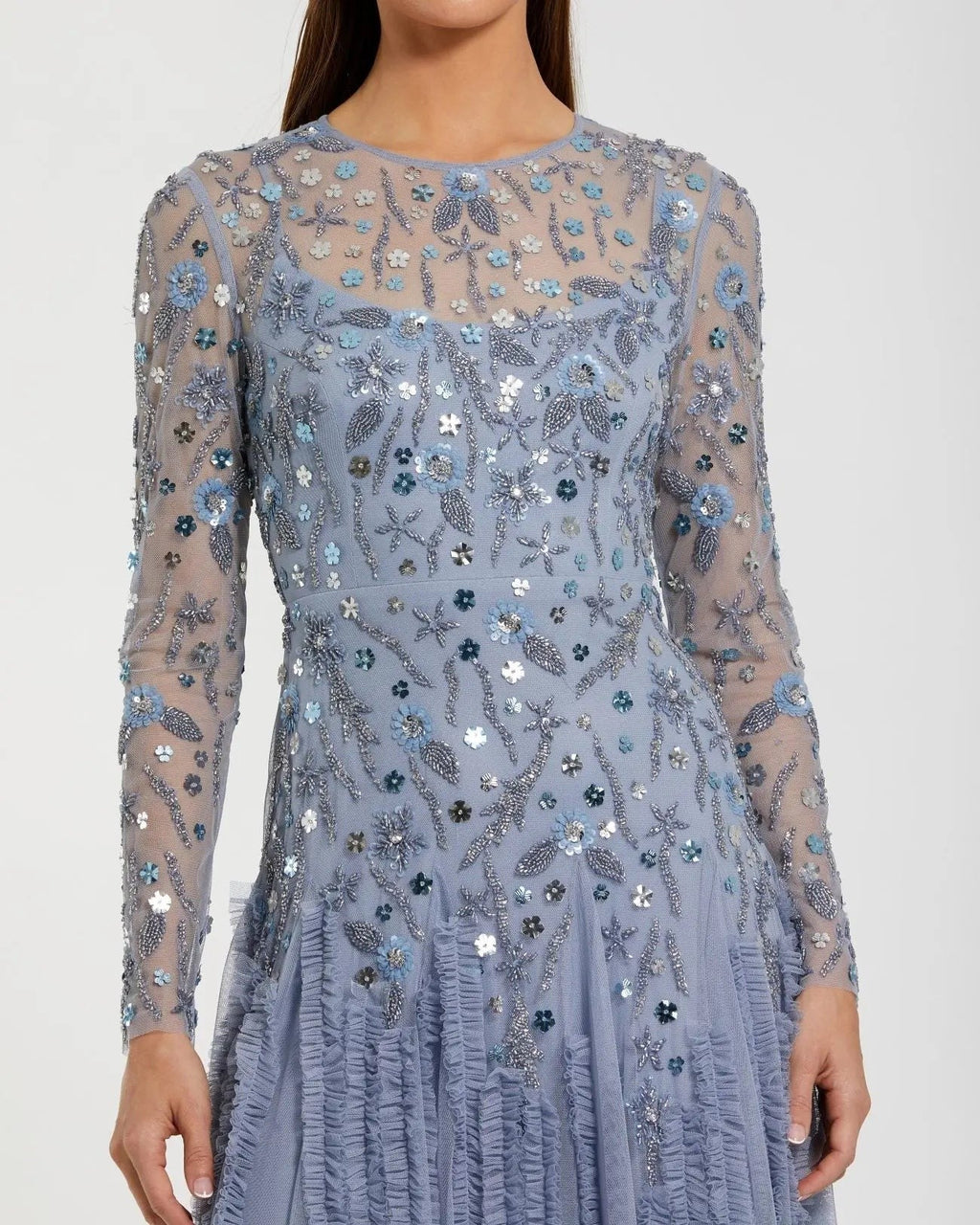 Slate Blue Embellished Long Sleeve Drop Waist Gown
