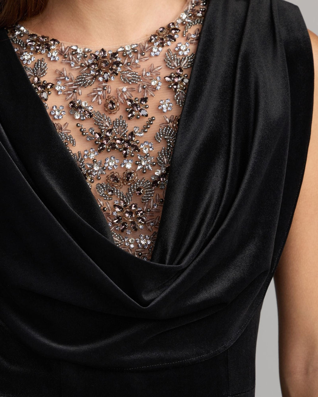 Black Velvet Cowl Gown With Sheer Beaded Neckline