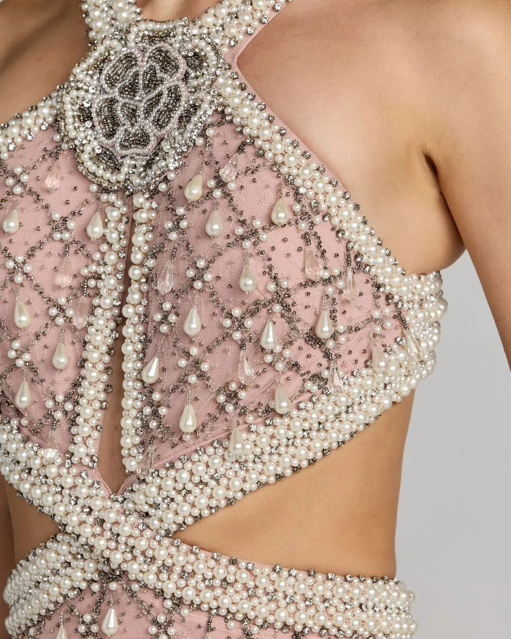 Light Rose Pearl Embellished Open Back Gown