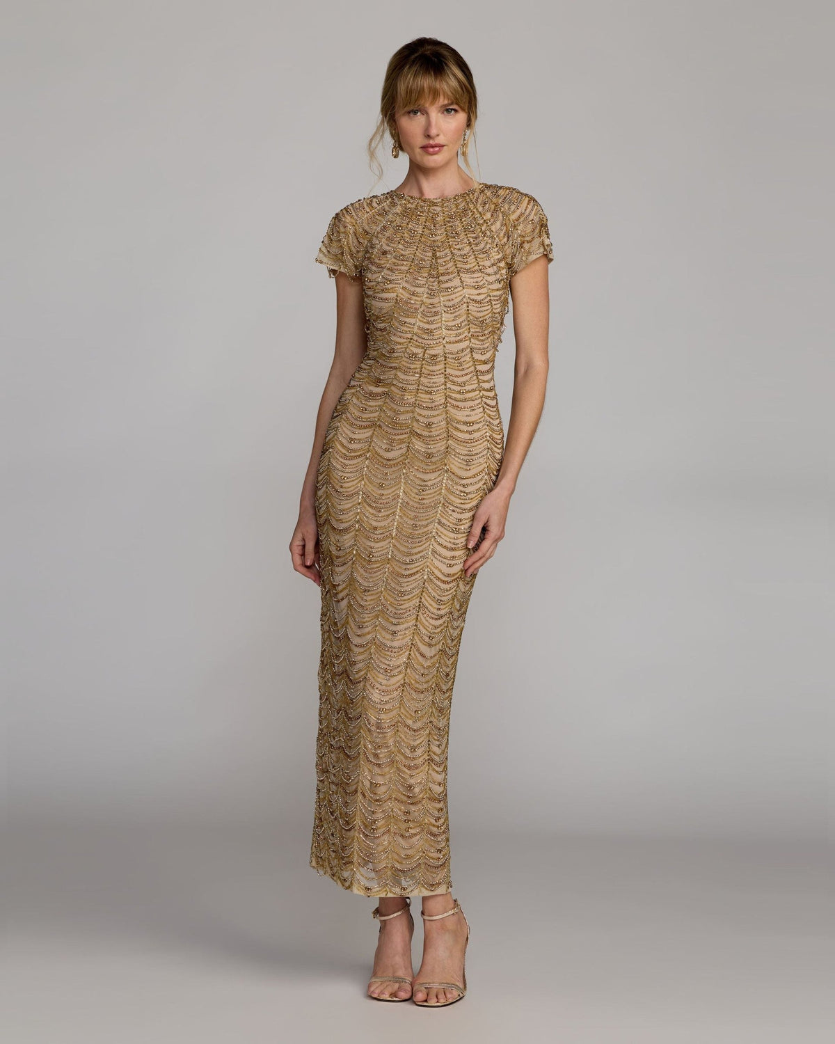 Gold Beaded Cap Sleeve Column Dress