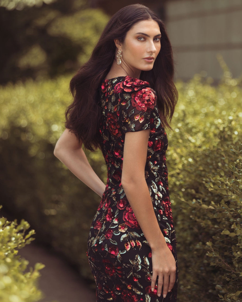 Black Multi Floral Sequin Scoop Neck Trumpet Gown