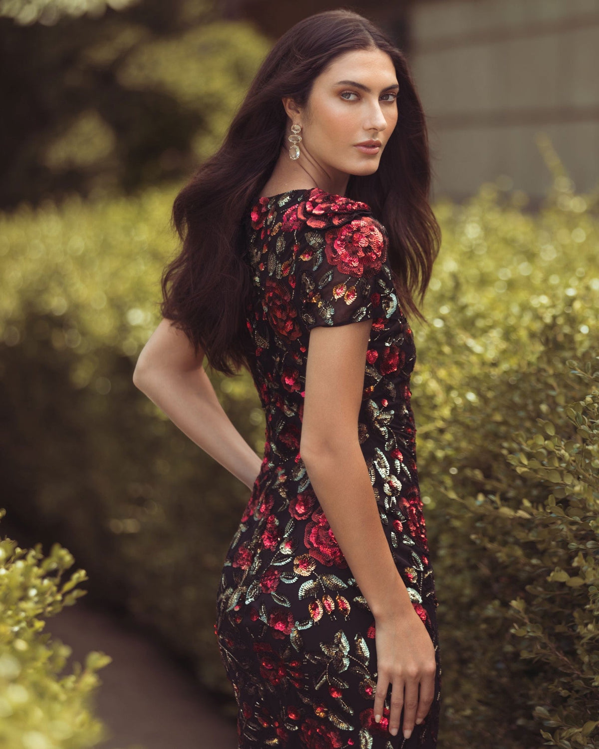 Black Multi Floral Sequin Scoop Neck Trumpet Gown