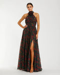 Black Multi Floral Print Halter Neck Gown With Rosette