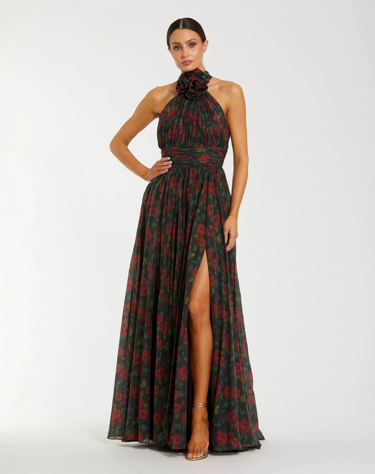 Black Multi Floral Print Halter Neck Gown With Rosette