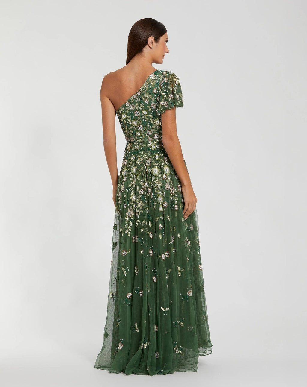 Green One Shoulder Embellished A Line Gown