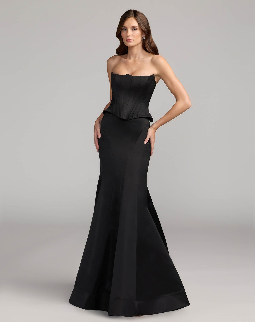 Black Strapless Satin Corset Peplum Gown