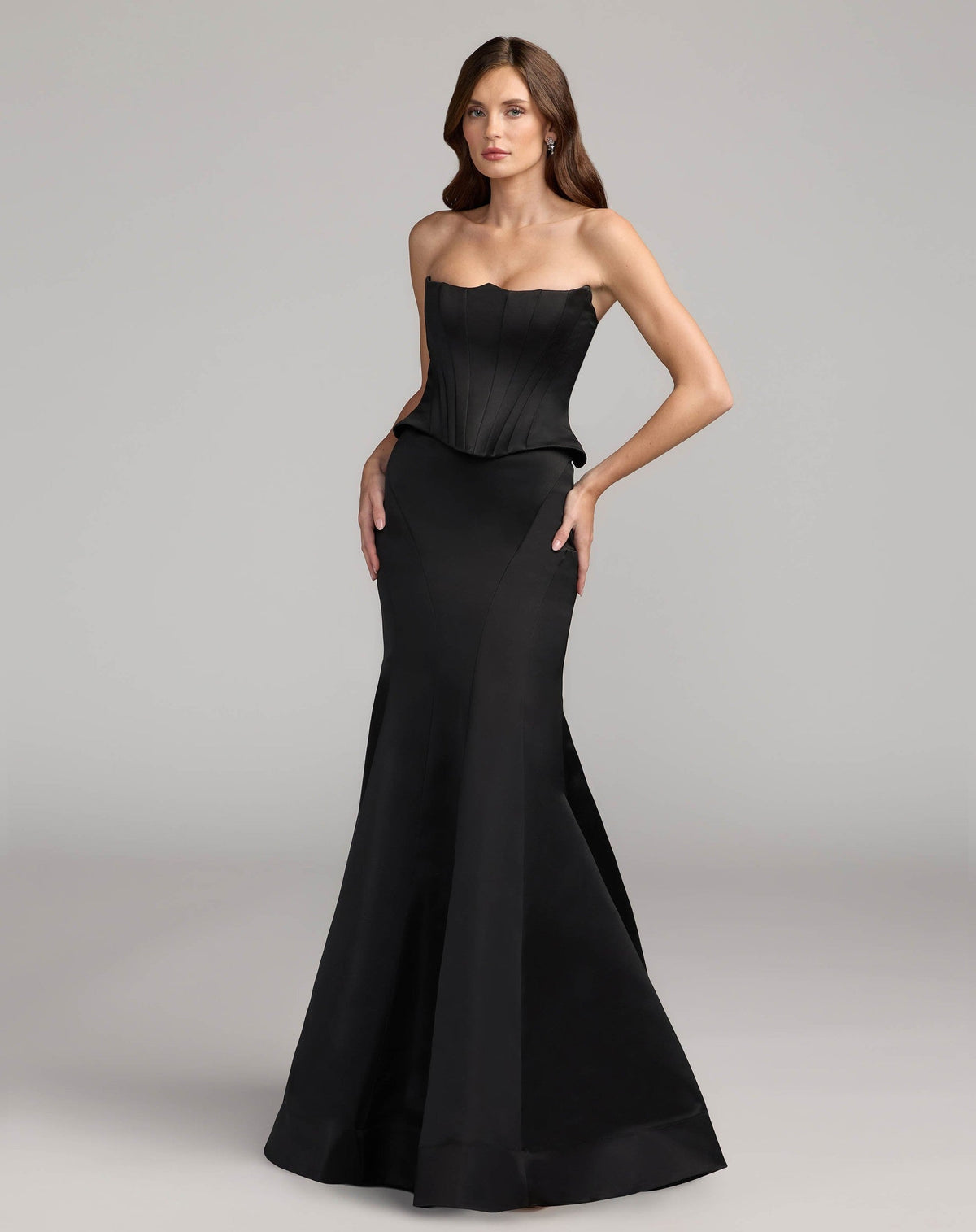 Black Strapless Satin Corset Peplum Gown