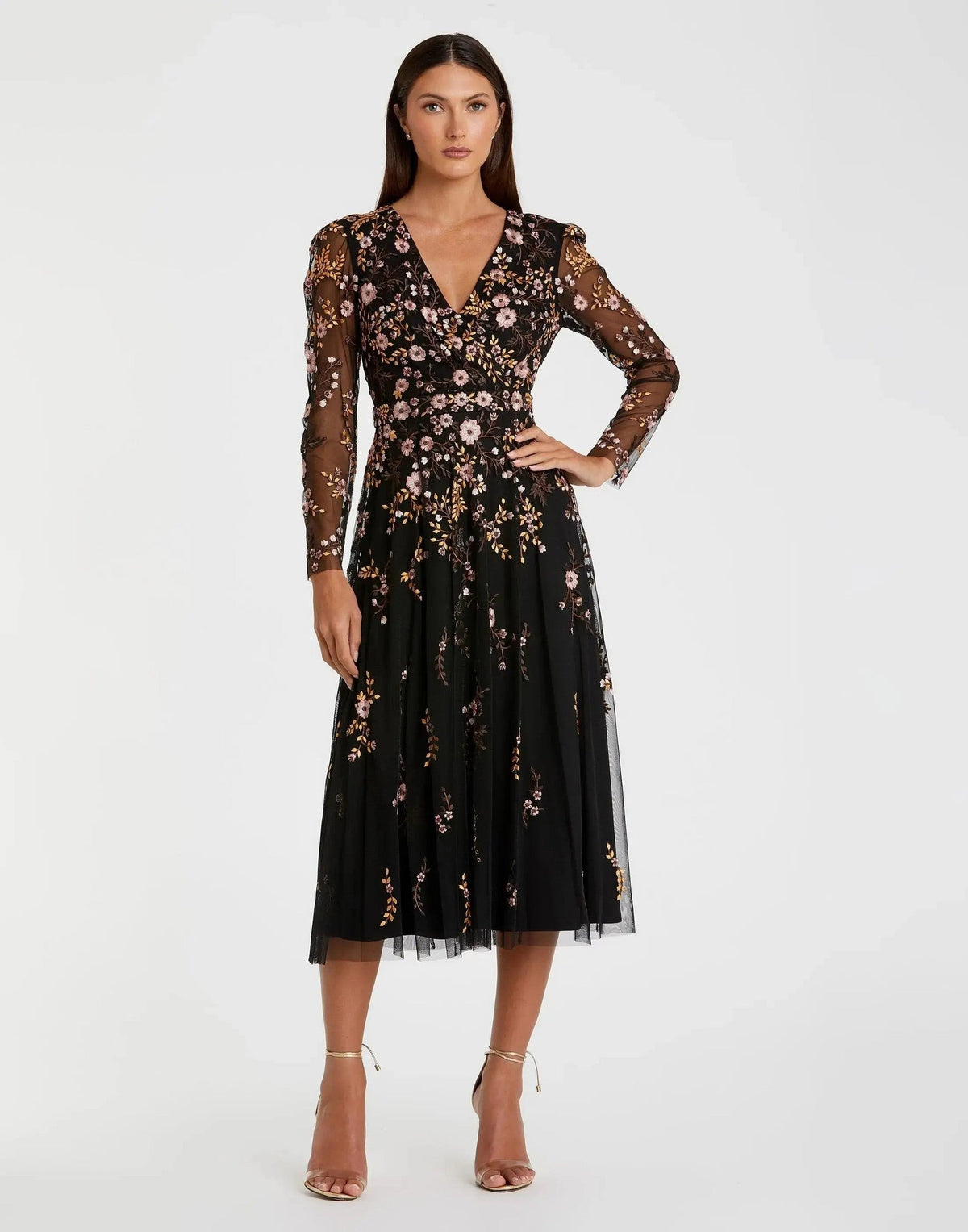 Multicolor Floral Embroidered A-Line Cocktail Dress