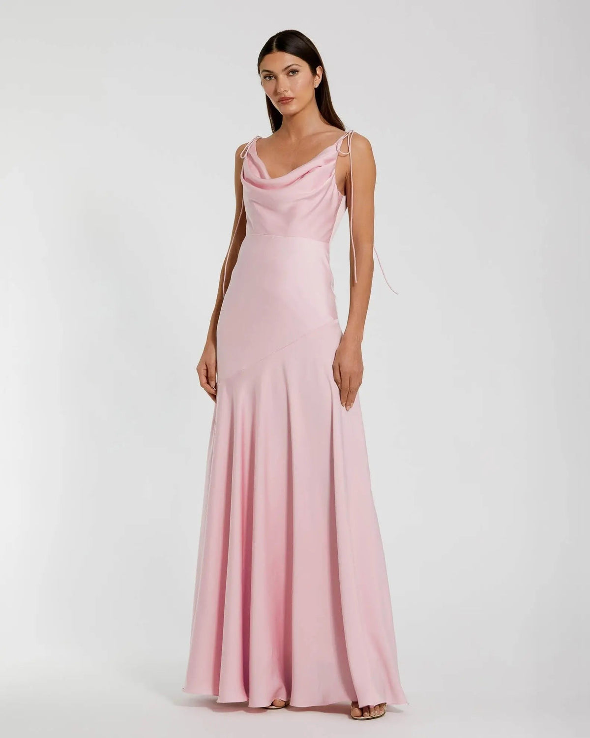 Powder Pink Charmeuse Cowl Neck Gown with Bow Straps