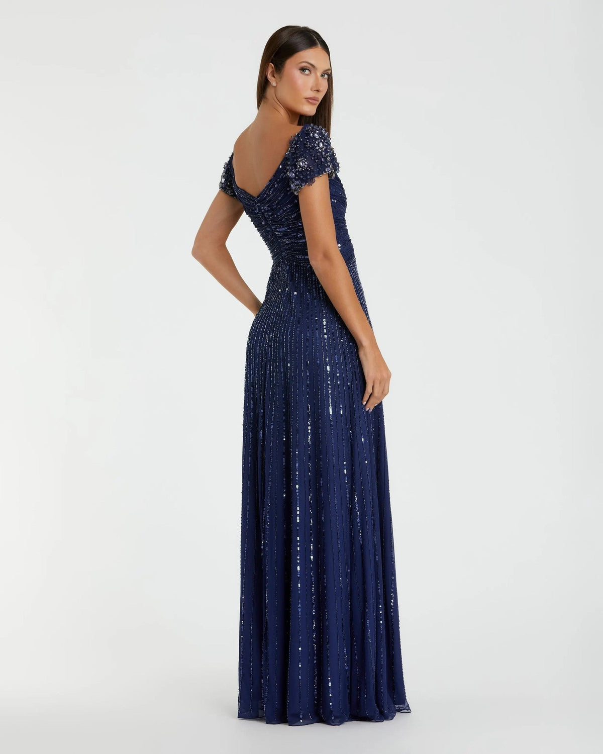 Sapphire Embellished V-Neck Cap Sleeve Gown