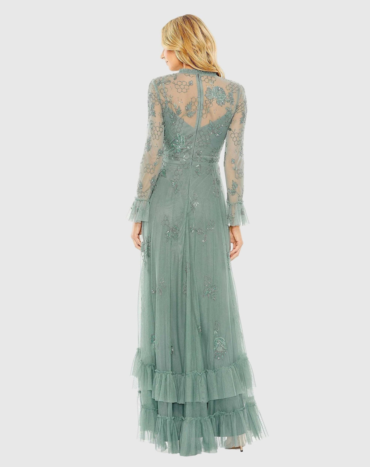 Petite Green Embellished Long Sleeve Ruffle Gown