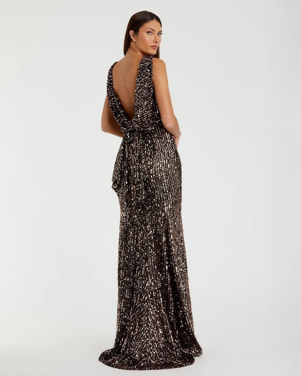 Bronze Sleeveless Cowl Back Sequin Evening Gown
