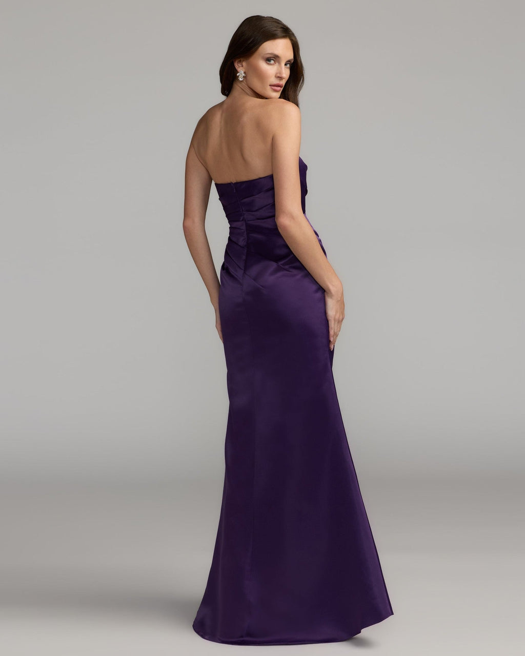 Purple Strapless Satin Gown With Slit
