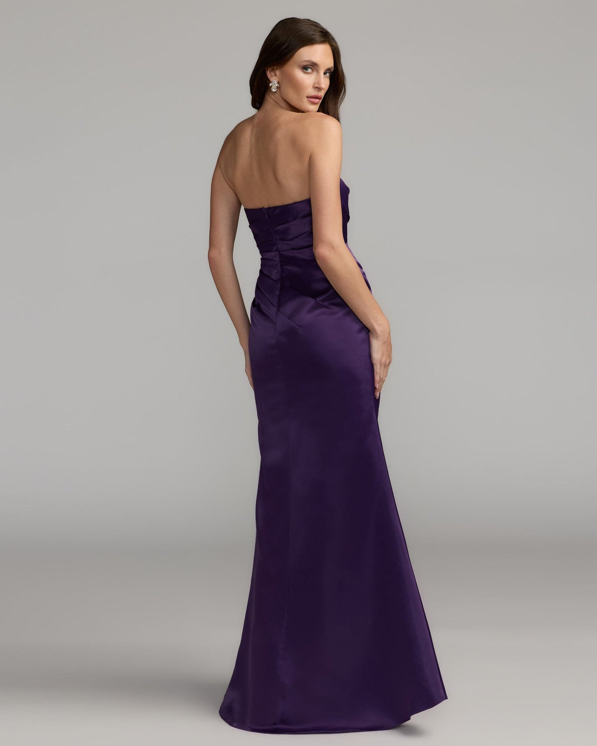 Purple Strapless Satin Gown With Slit