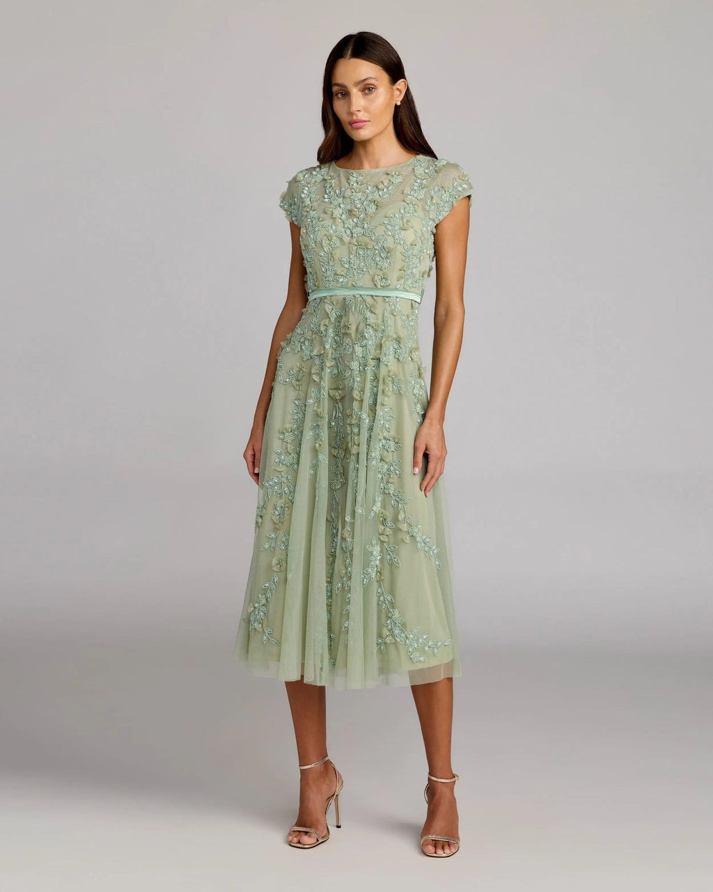 Sage Floral Embellished Cap Sleeve Midi Dress