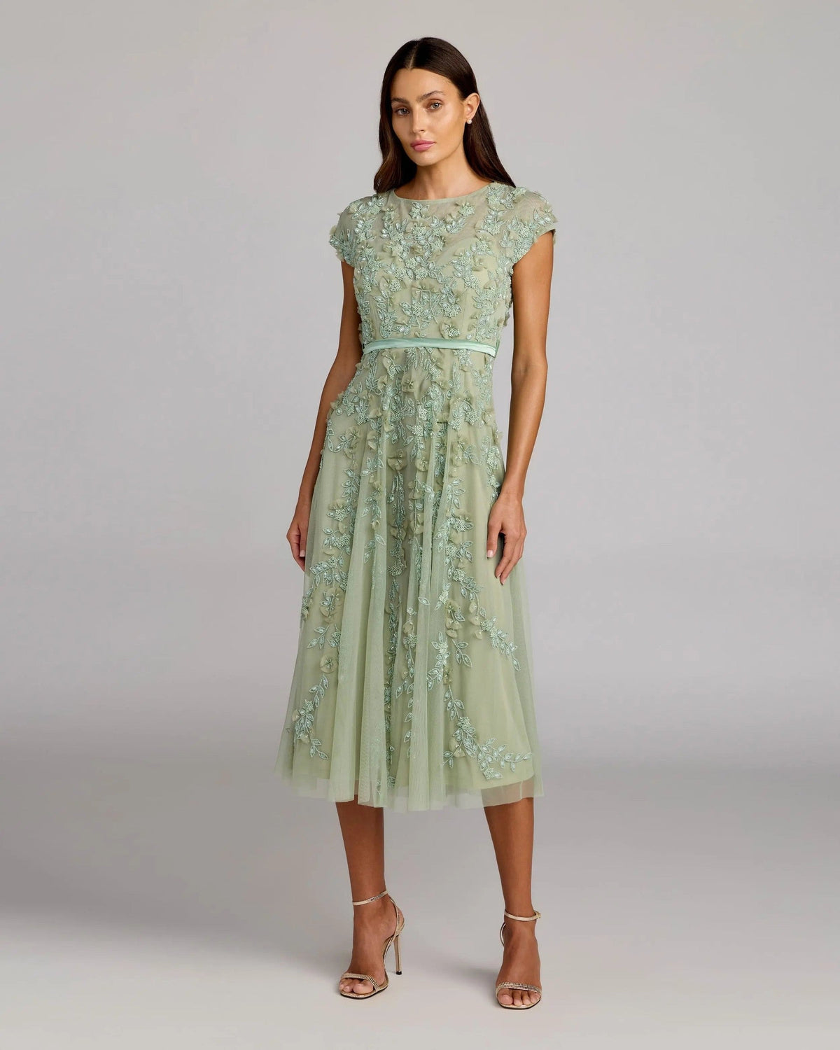 Sage Floral Embellished Cap Sleeve Midi Dress
