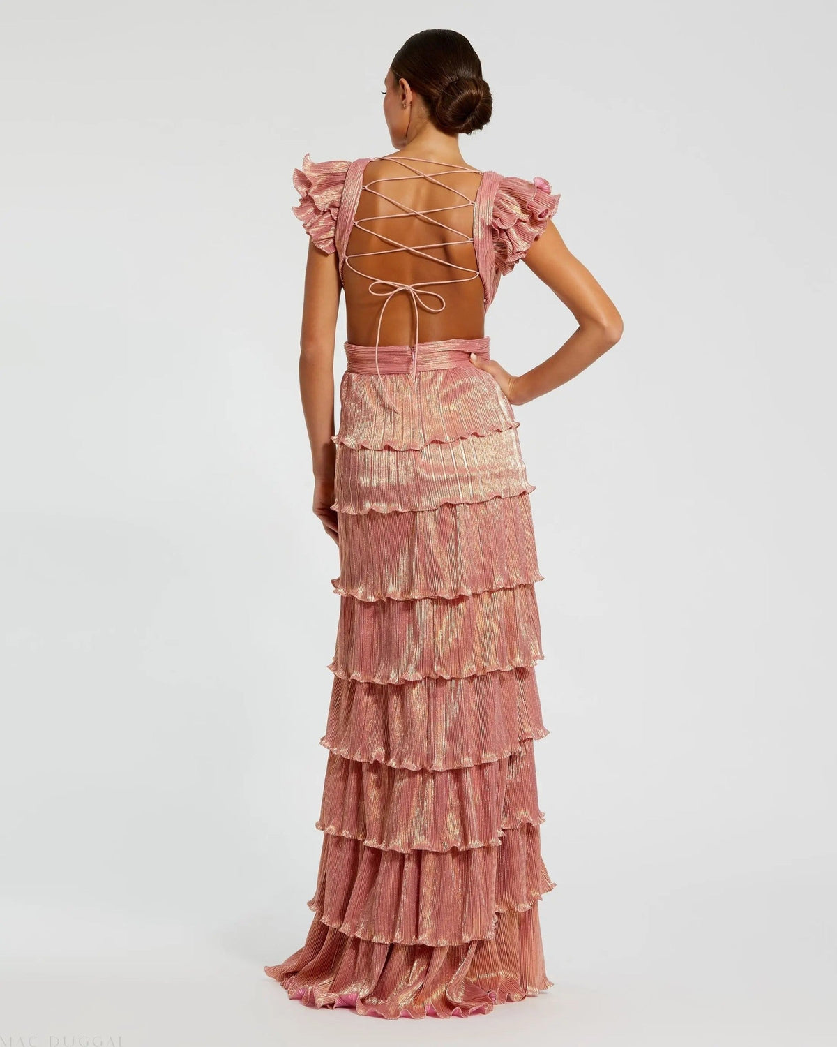 Coral Ruffle Tiered Criss Cross Lace Up Gown