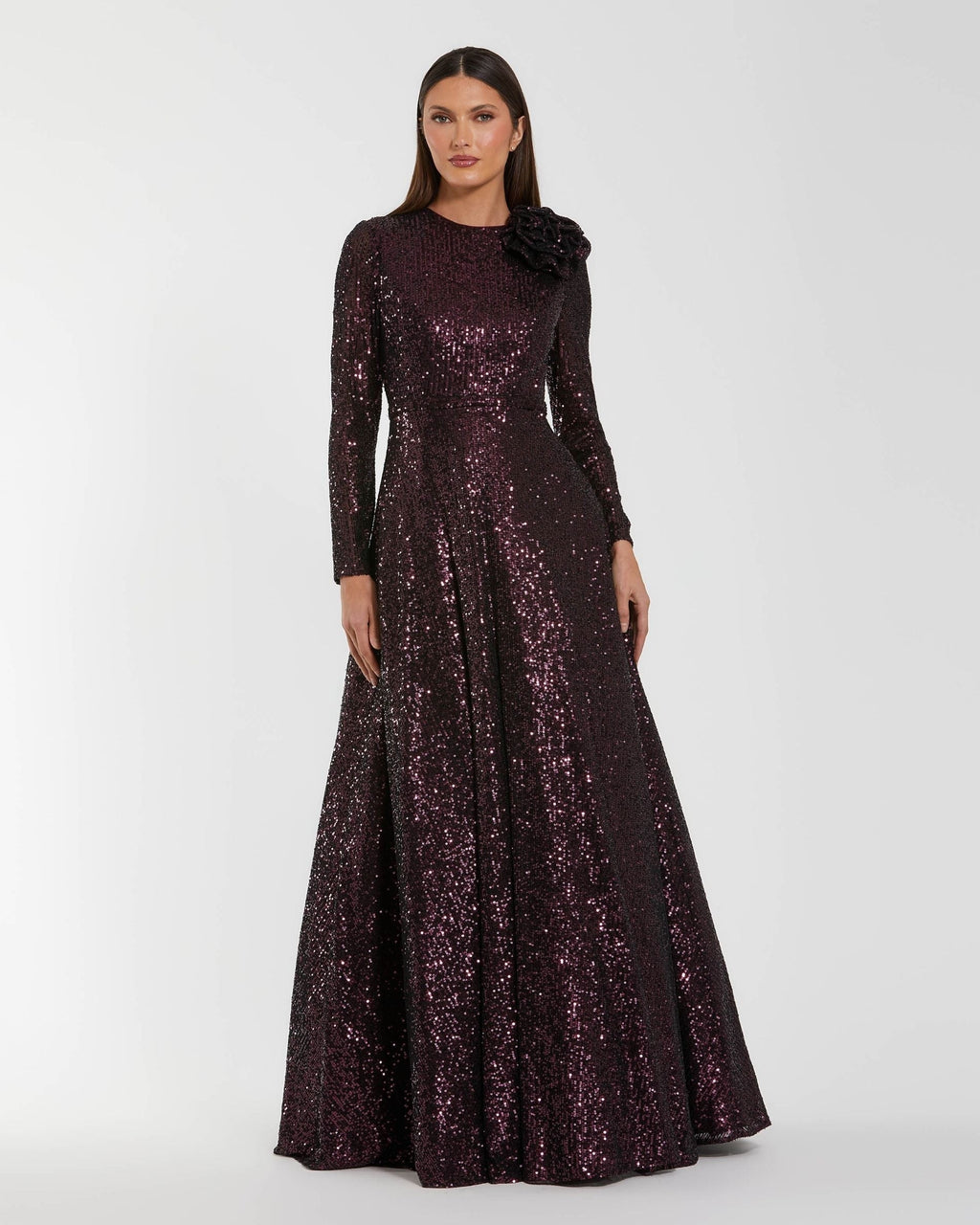 Amethyst Long Sleeve Sequin Ball Gown With 3D Flower