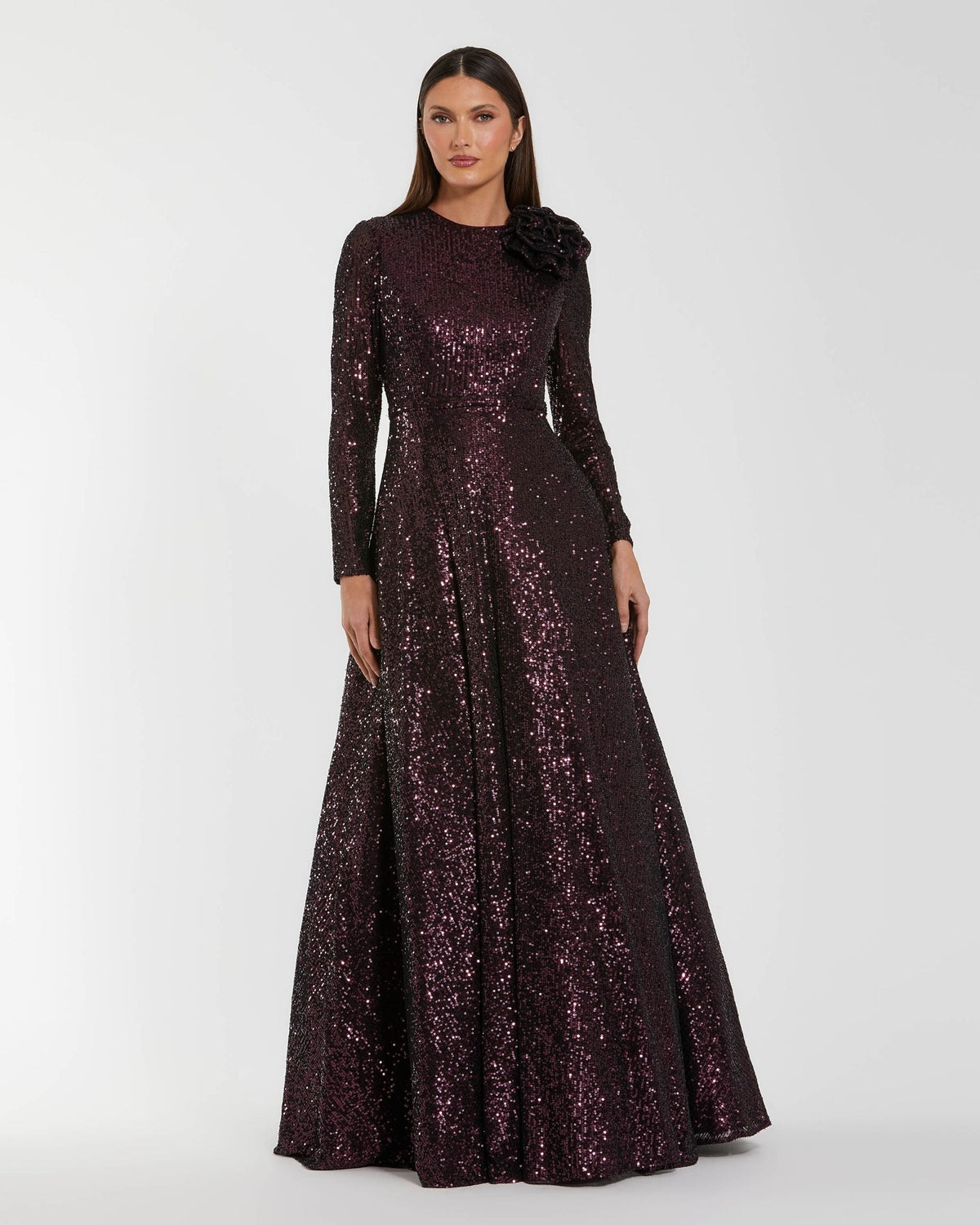Amethyst Long Sleeve Sequin Ball Gown With 3D Flower