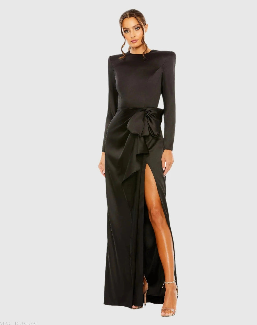 Black Long Sleeve Satin Structured Bow Draped Column Gown