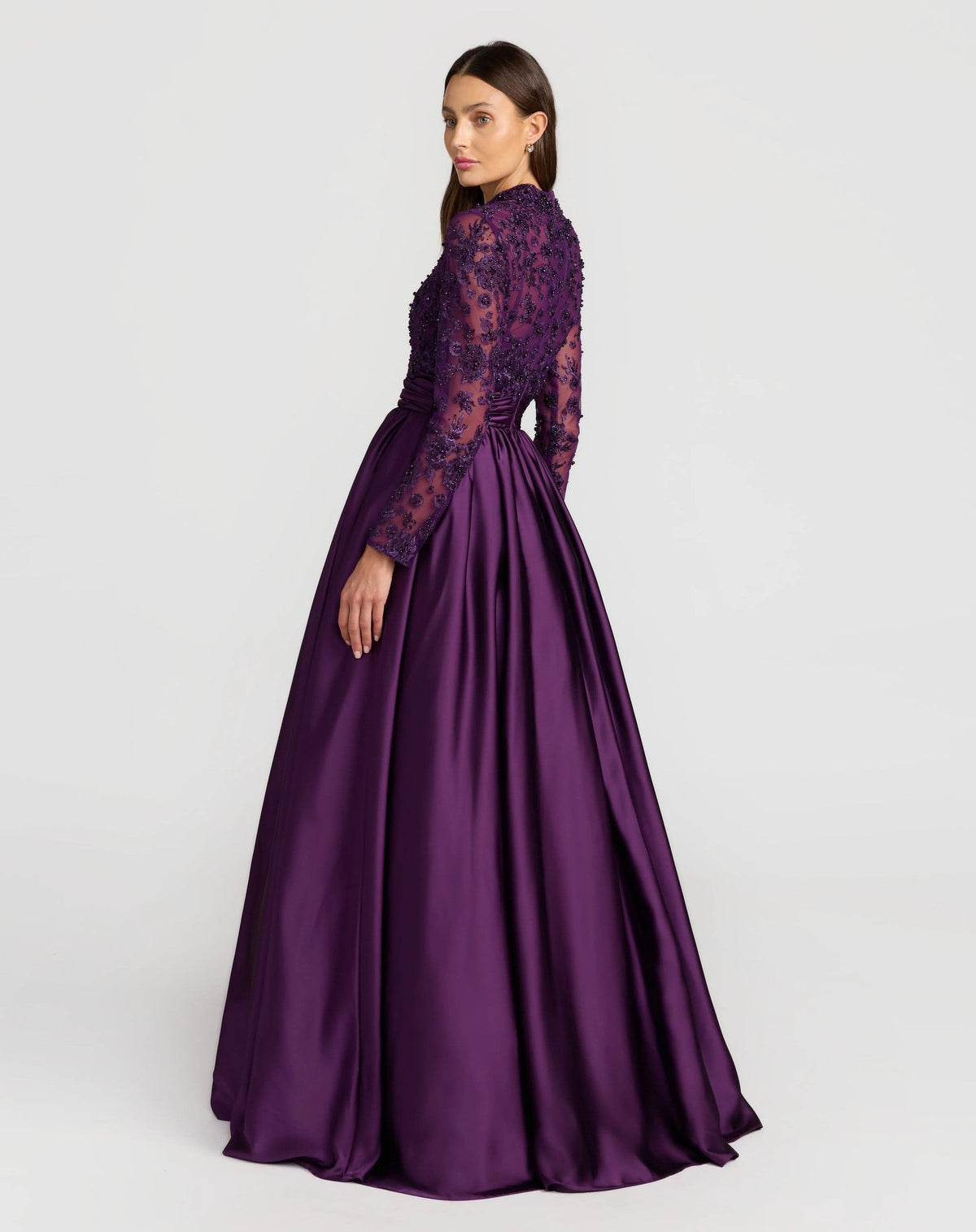 Aubergine Embroidered Long Sleeve Satin Ball Gown