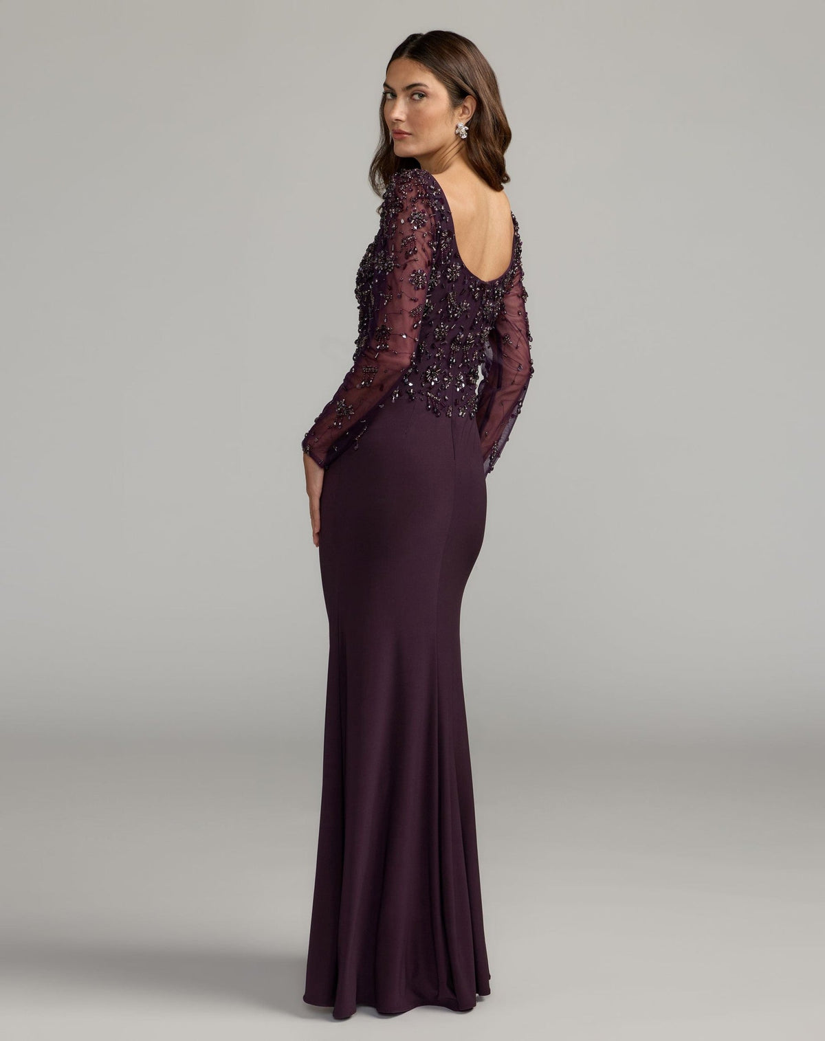 Amethyst Long Sleeve Beaded Column Gown