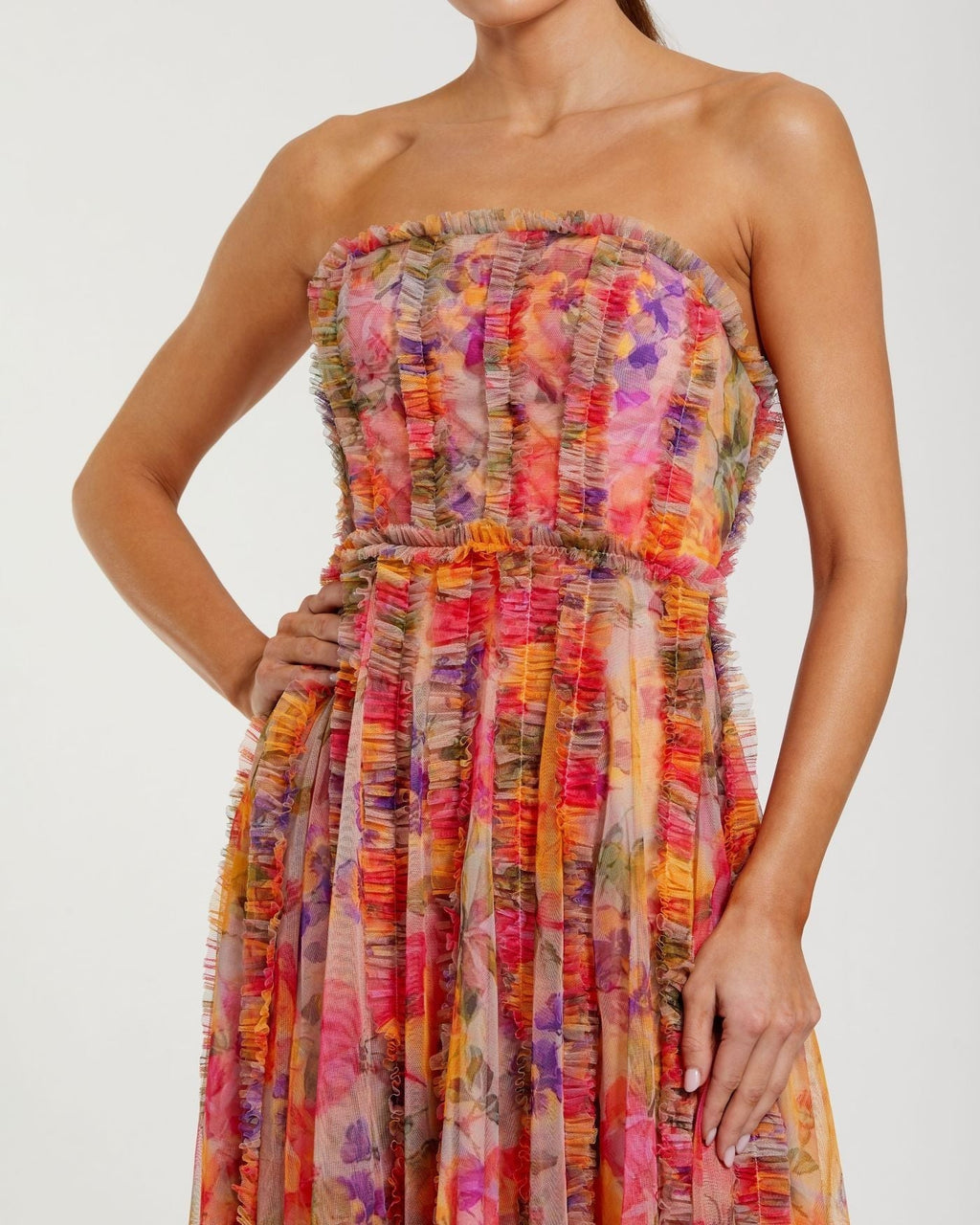 Multi Strapless Floral Print Ruffle Maxi Dress