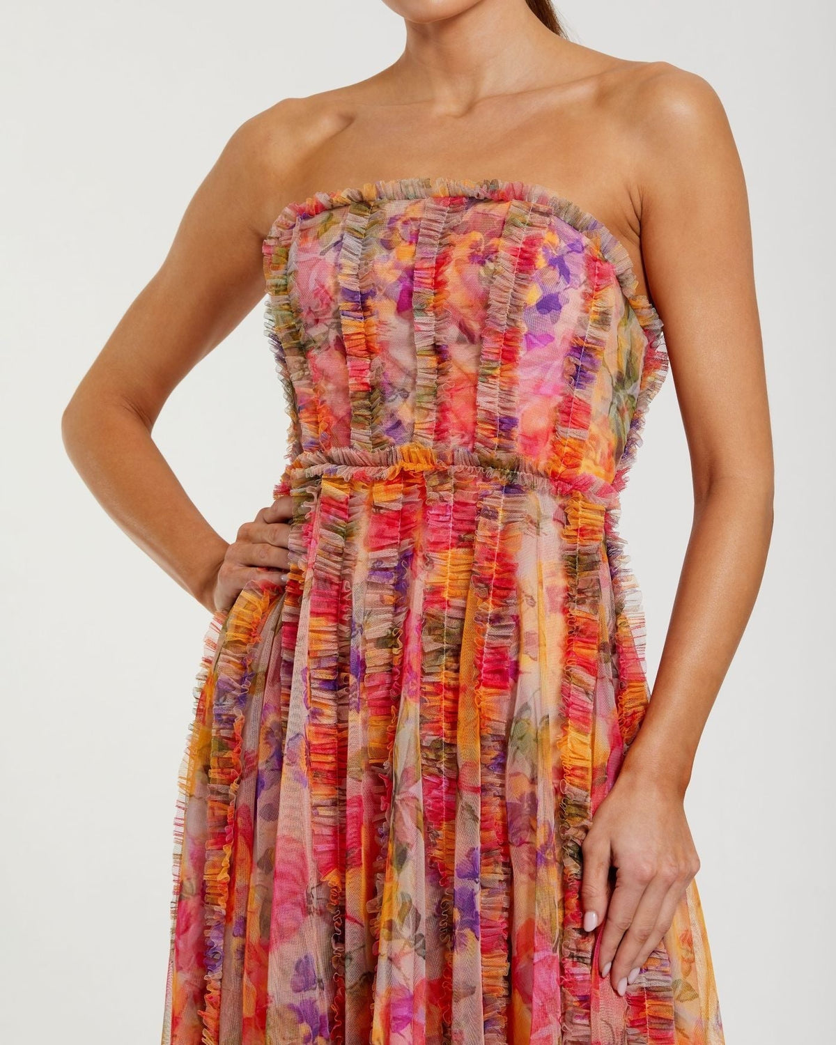 Multi Strapless Floral Print Ruffle Maxi Dress