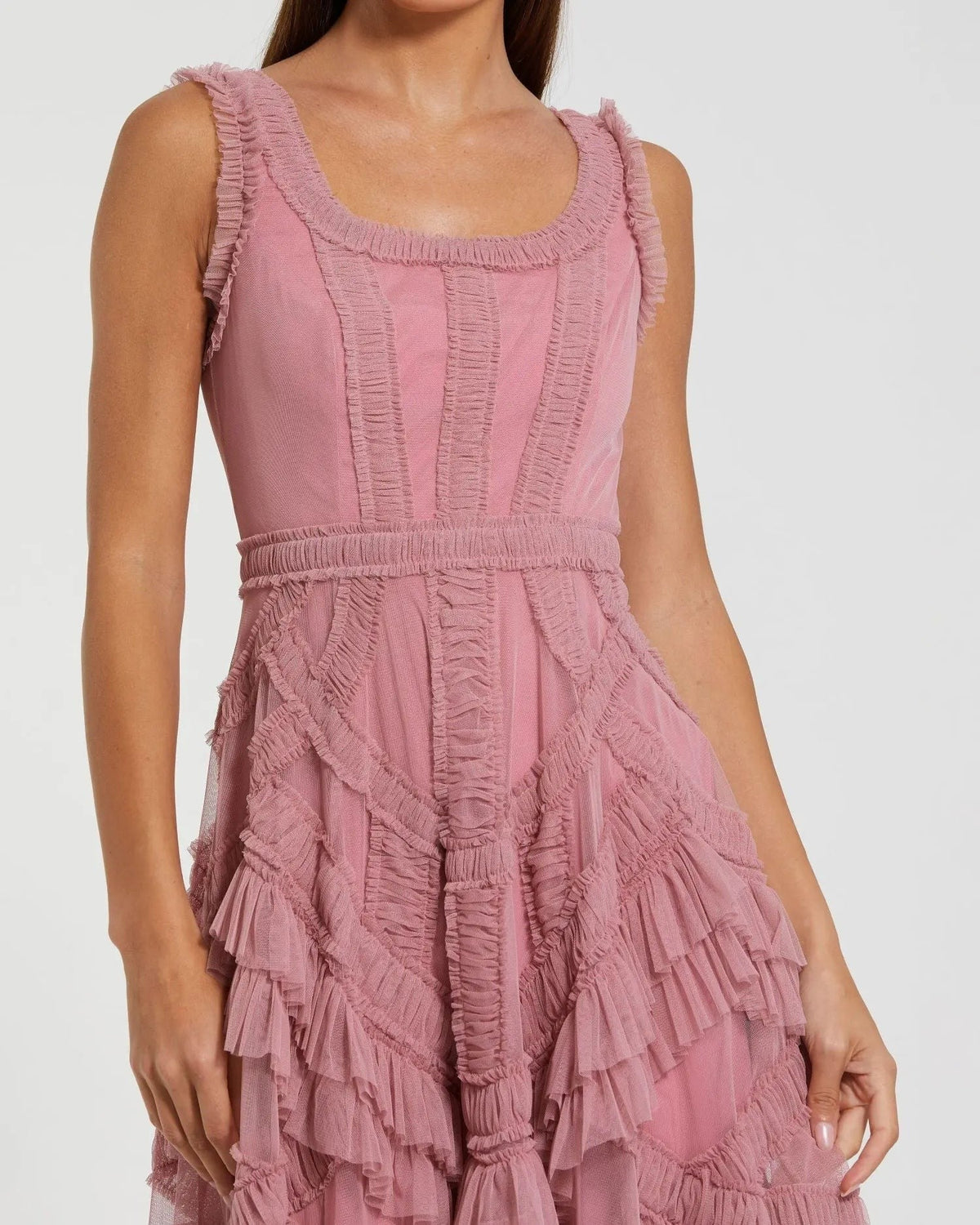 Pink Scoop Neck Sleeveless Micro Ruffle Midi Dress