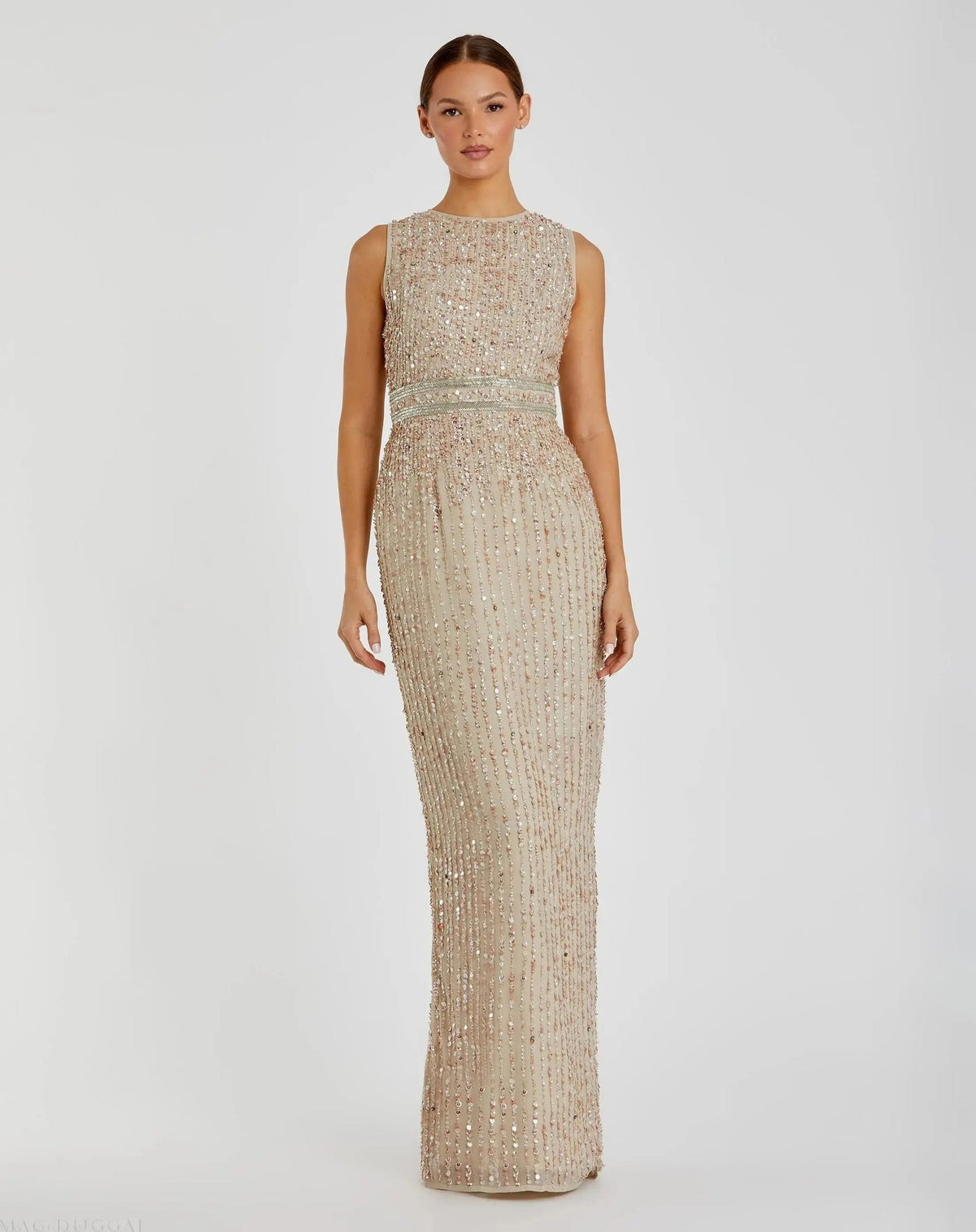 Sequined High Neck Sleeveless Column Gown