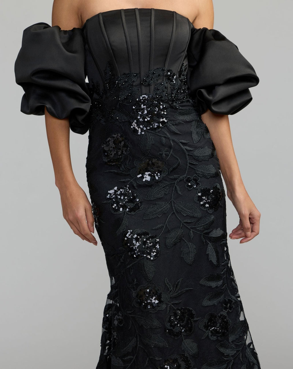 Black Satin Off The Shoulder Embroidered Mermaid Gown
