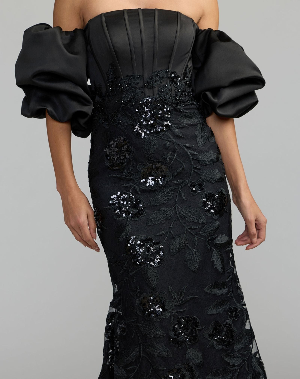 Black Satin Off The Shoulder Embroidered Mermaid Gown