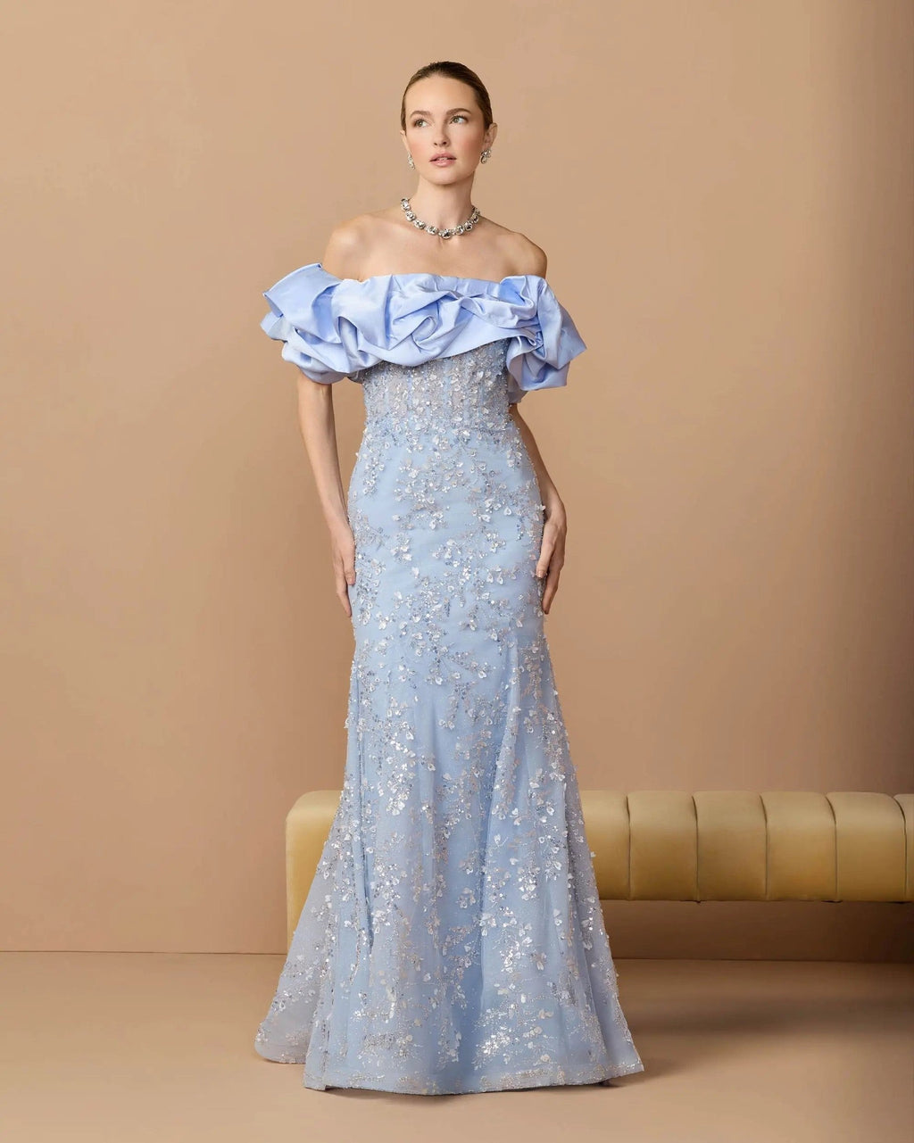 Periwinkle Embellished Mermaid Gown With Off The Shoulder Ruffle