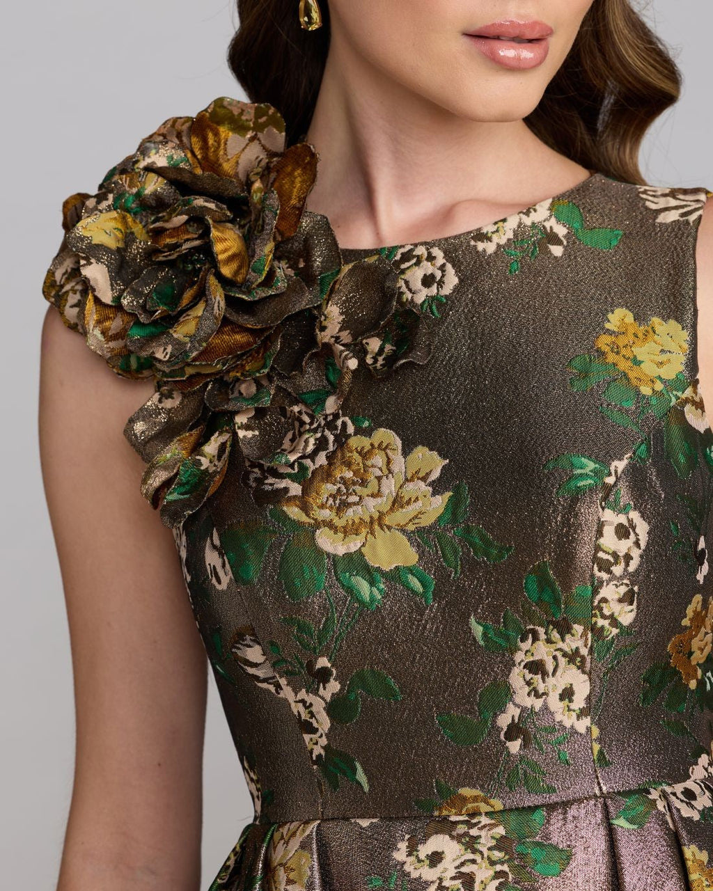 Gold Metallic Ball Gown With 3D Rosette
