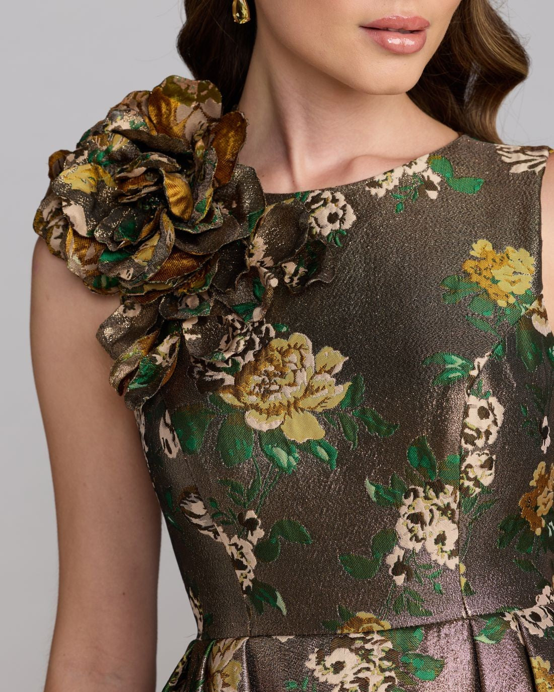 Gold Metallic Ball Gown With 3D Rosette