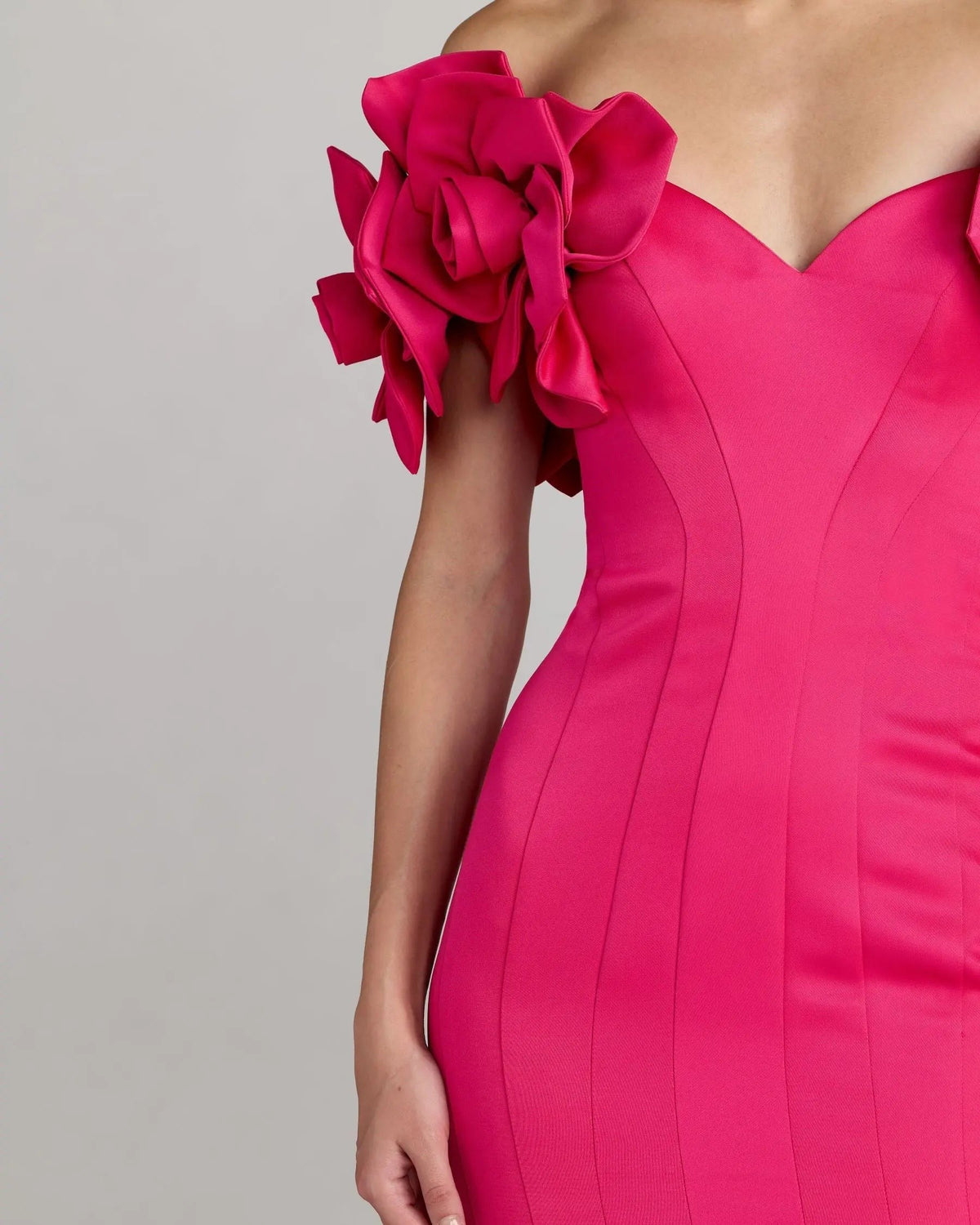Hot Pink Off The Shoulder Gown With 3D Floral Sleeves