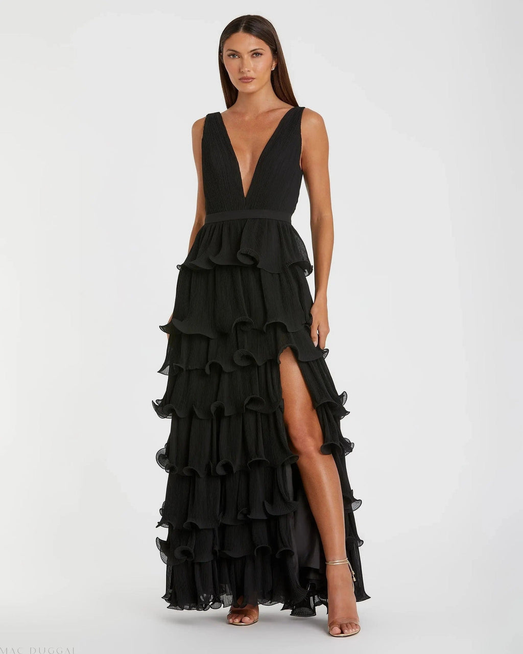 Black Sleeveless Ruffle Tiered V Neck Gown