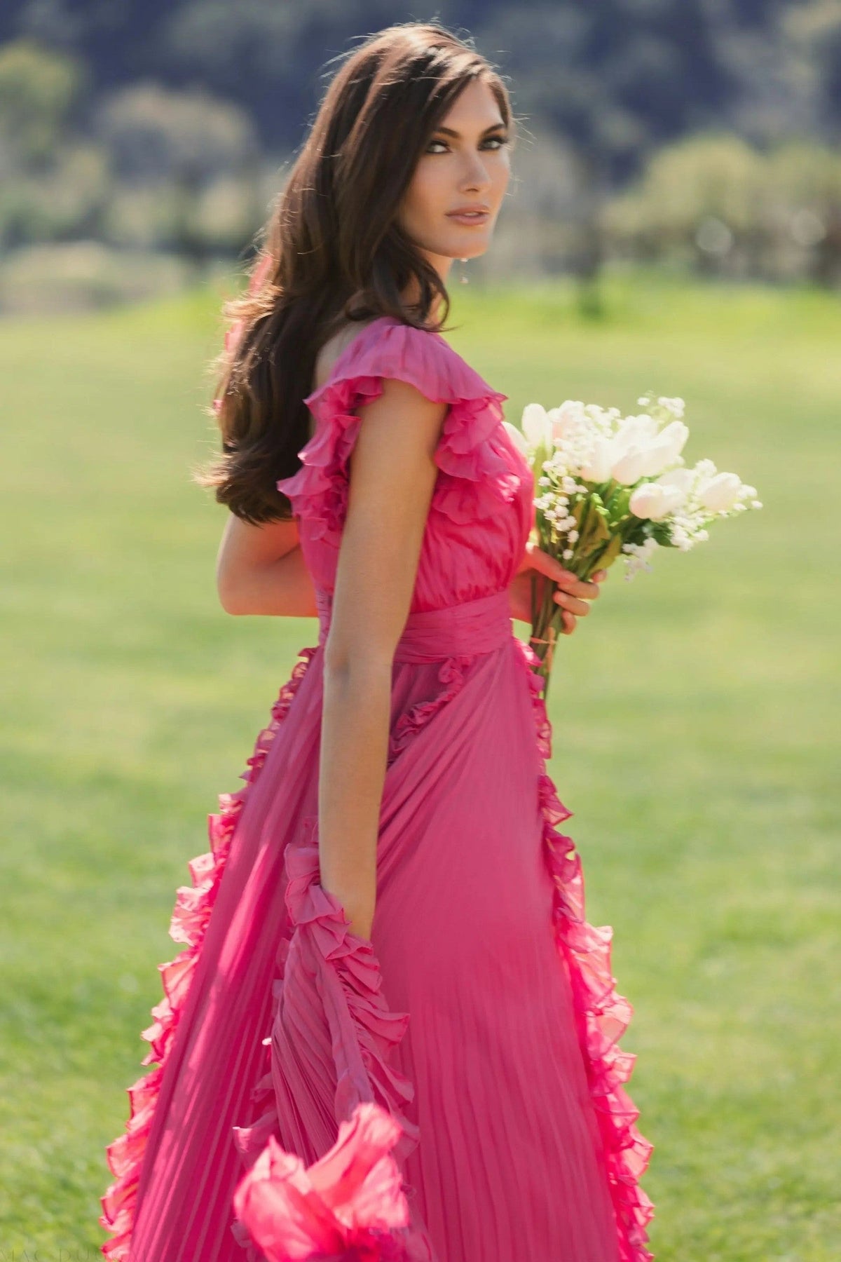Pink Pleated Ruffle Cap Sleeve Flowy A Line Gown