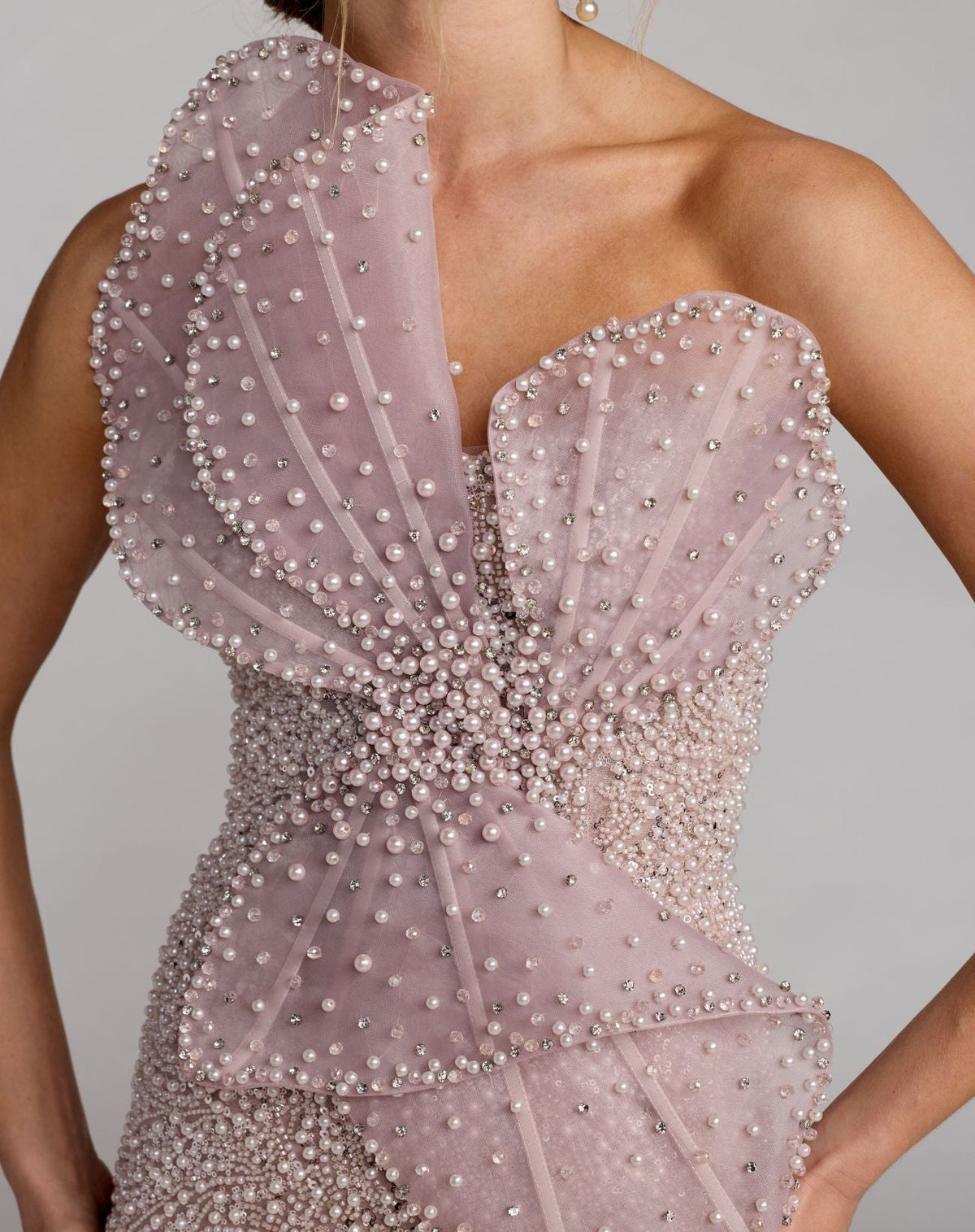 Mocha Strapless Embellished Column Gown With 3D Petals