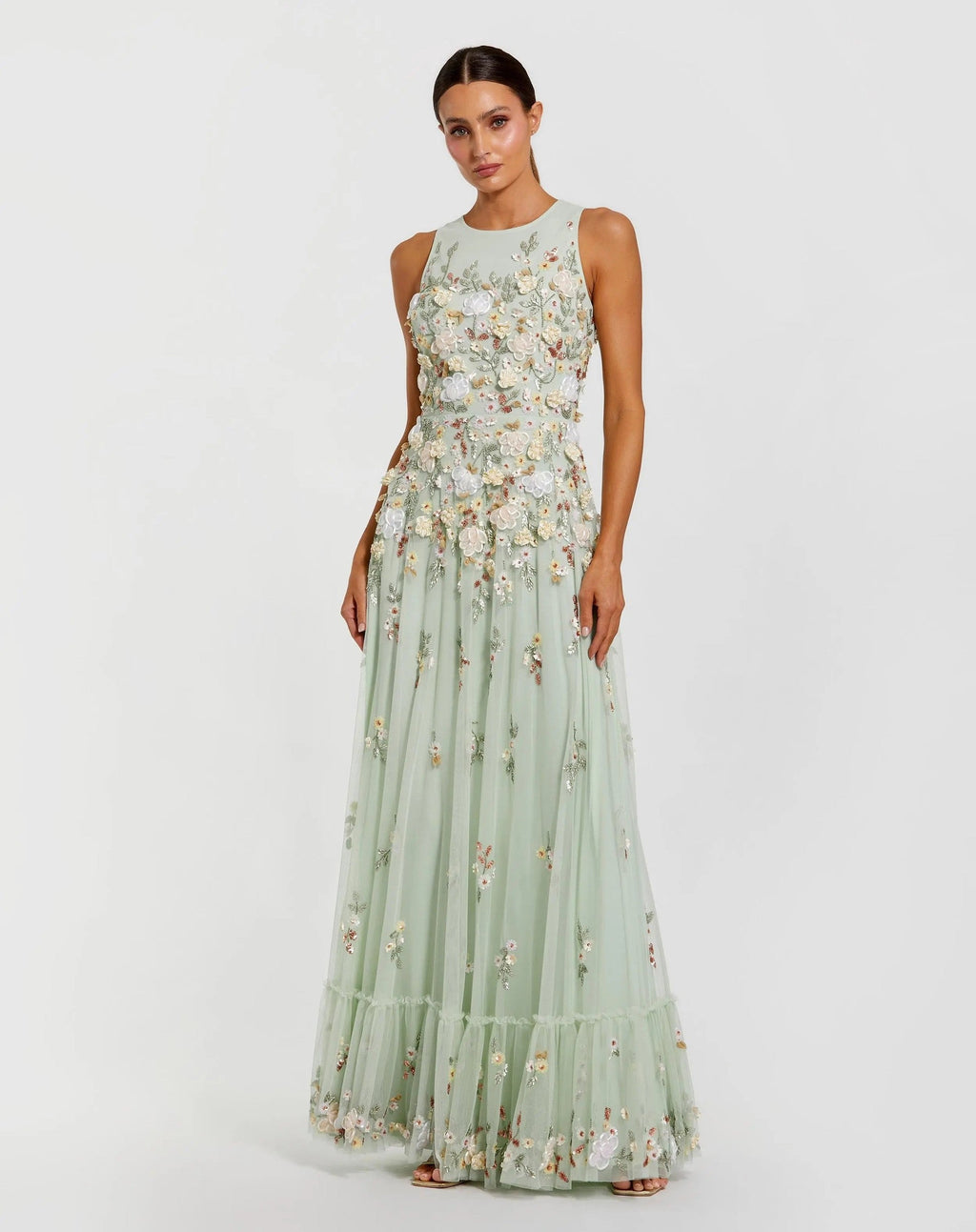 Sage Multi Floral Embellished High Neck Sleeveless Gown
