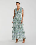 Blue Multi Floral V Neck Tiered Ruffle Maxi Dress