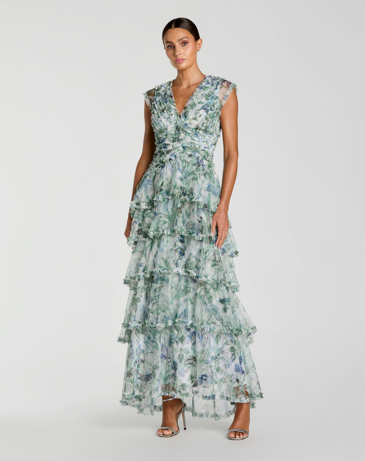 Blue Multi Floral V Neck Tiered Ruffle Maxi Dress
