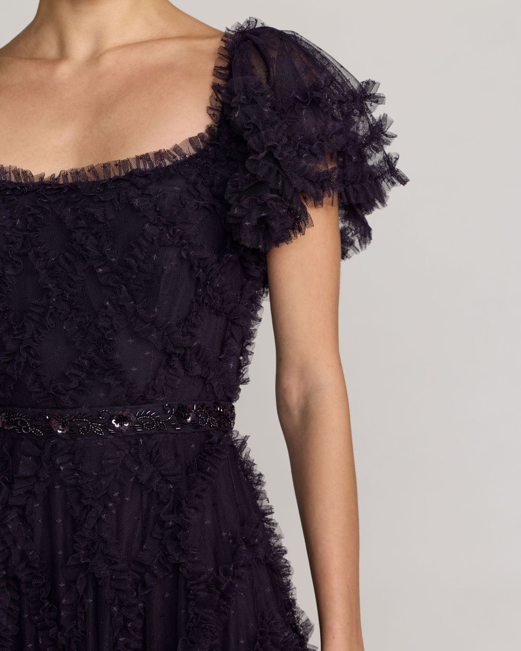 Midnight Tiered Ruffle Puff Sleeve Gown