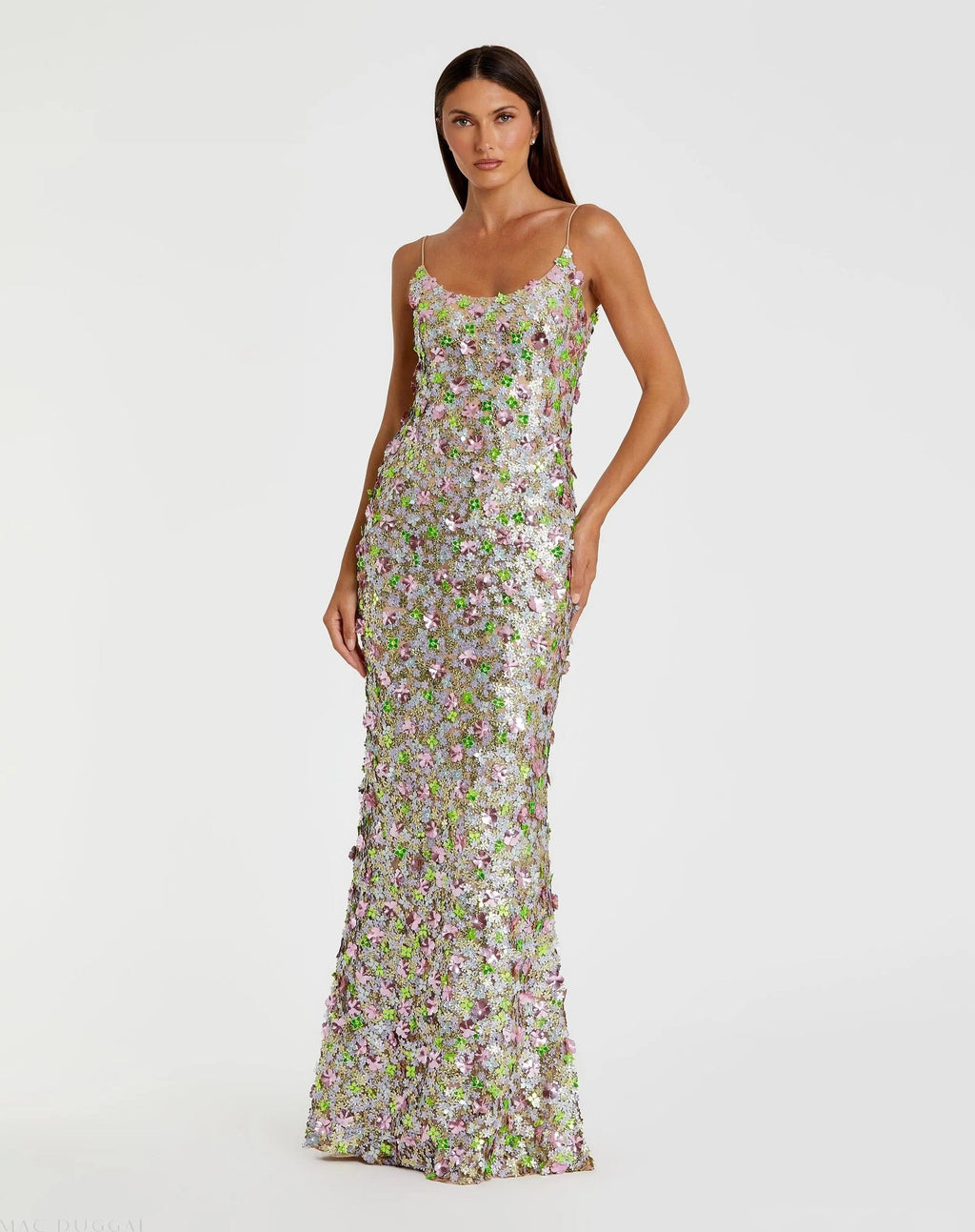 Multicolor Sleeveless Floral Paillette Embellished Mesh Gown