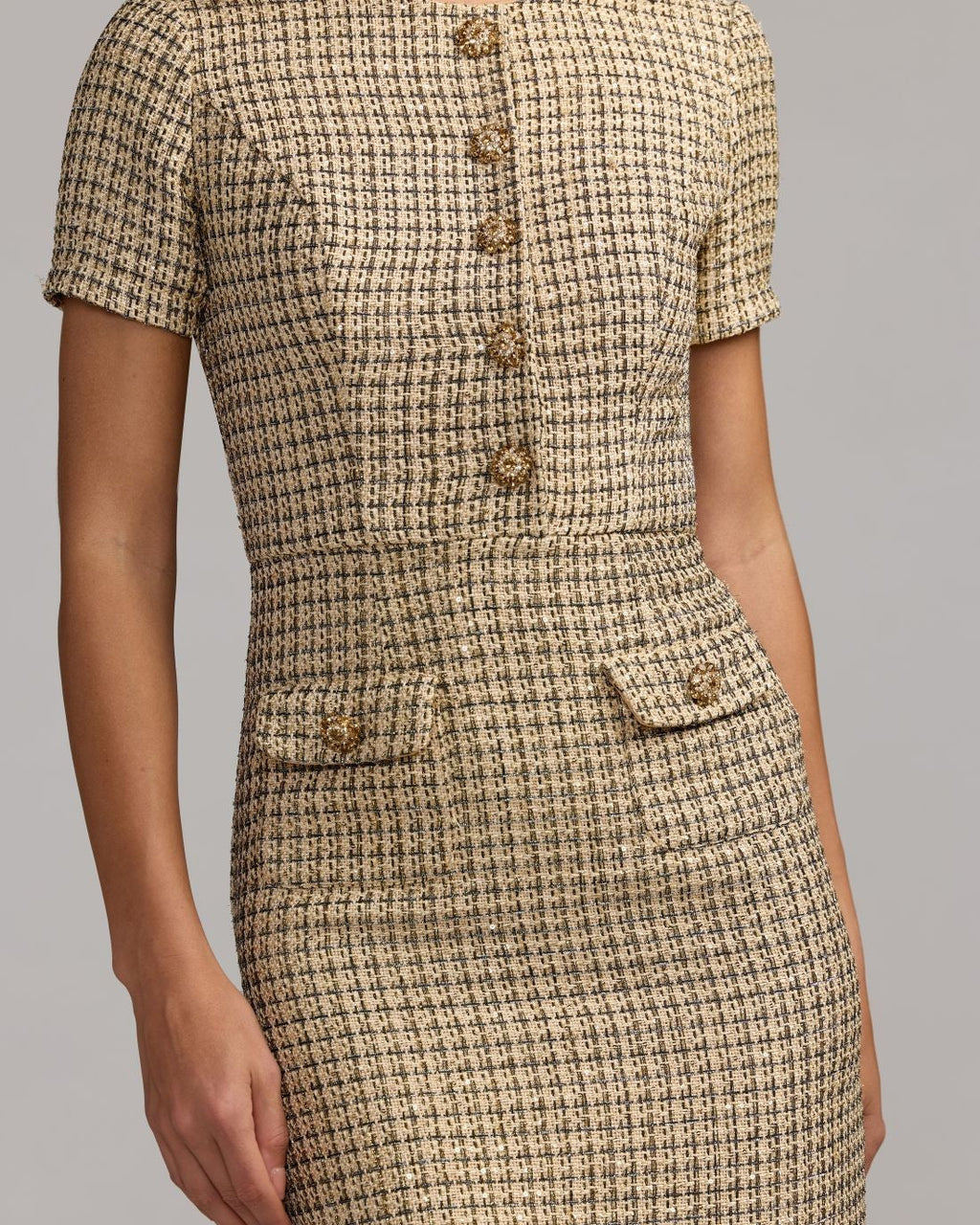Nude Gold Boucle Button Front Midi Dress