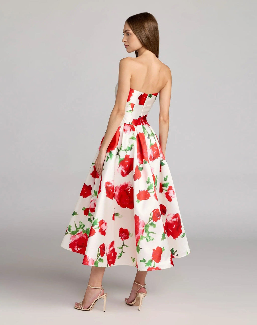 White Strapless Floral Mikado Midi Dress