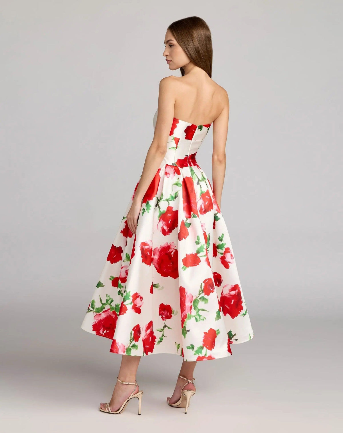 White Strapless Floral Mikado Midi Dress