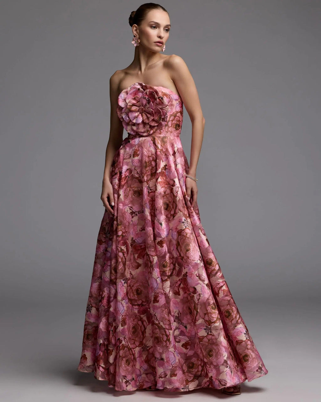 Rose Multi Strapless Floral Printed A-Line Gown With 3D Flower