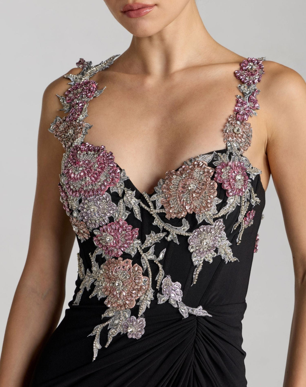 Black Multi Sweetheart Jersey Gown With Beaded Flowers